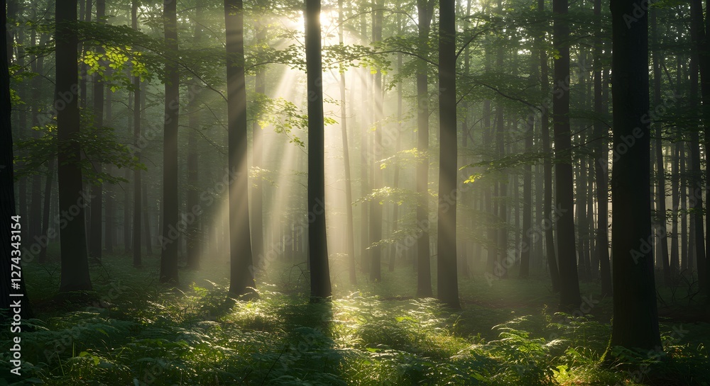 Obraz premium Sunbeams Streaming Through a Serene and Lush Forest Clearing