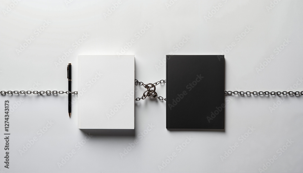 Two business folders connected by a chain on a clean desk surface with minimalist aesthetic