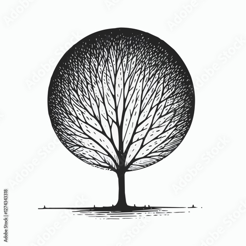 Intricate black and white illustration of a tree with a circular canopy pattern 
