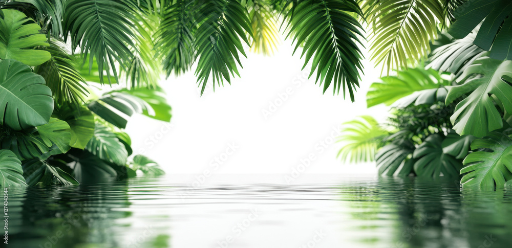 Lush green leaves form a vibrant frame around tranquil water reflecting soft natural light in a tropical rainforest setting Lush green leaves form a vibrant frame around tranquil water reflecting soft natural light in a tropical rainforest setting