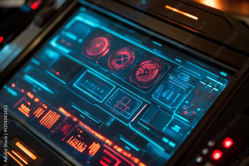 Fototapeta premium Close up view of a computer screen displaying a digital clock with time information