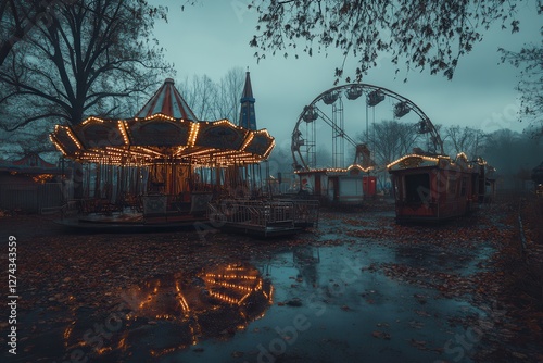 A haunted carnival with abandoned rides and creepy clowns . A colorful clown statue poses in front of a vibrant ferris wheel, creating a whimsical carnival atmosphere.