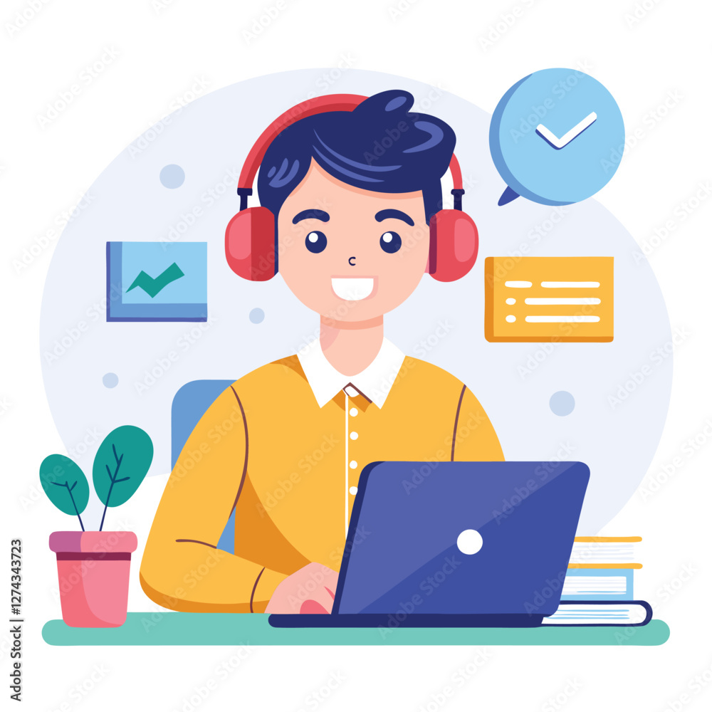man in headphones, studying at laptop. Happy female student watching business webinar. Video conference call, remote work communication. Flat vector illustration isolated on white background man in headphones, studying at laptop. Happy female student watching business webinar. Video conference call, remote work communication. Flat vector illustration isolated on white background