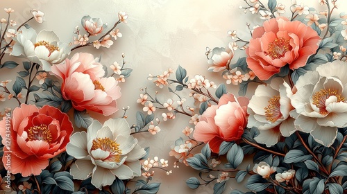 Vibrant floral arrangement featuring peonies and blossoms against a soft pastel background