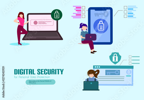 Internet security. Safety and confidential data protection. Data protection concept. Safe internet technologies. Vector outline illustration with isometry scene for web graphic