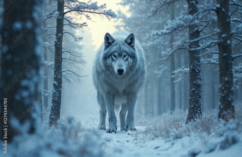 Naklejka premium Giant white wolf in winter forest. Warg Fenrir looks at you through snow covered trees at twilight. Scandinavian snowy landscape. AI generated predator in wild nature scene. Ghost animal.