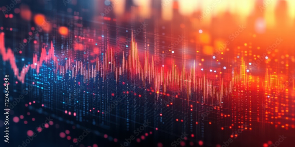 Dynamic digital waveforms illustrate market fluctuations in an urban setting at sunset Dynamic digital waveforms illustrate market fluctuations in an urban setting at sunset