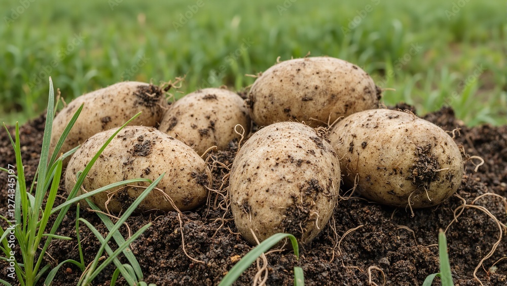 Freshly harvested potatoes with dark soil roots and green grass Freshly harvested potatoes with dark soil roots and green grass