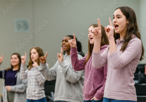 Singing students in choir classroom practice