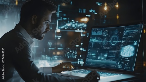 AI Artificial Intelligence technology for data analysis, research, planning, and work generate. Man uses a laptop and AI assistant dashboard. Technology smart robot AI agents and agentic workflows.