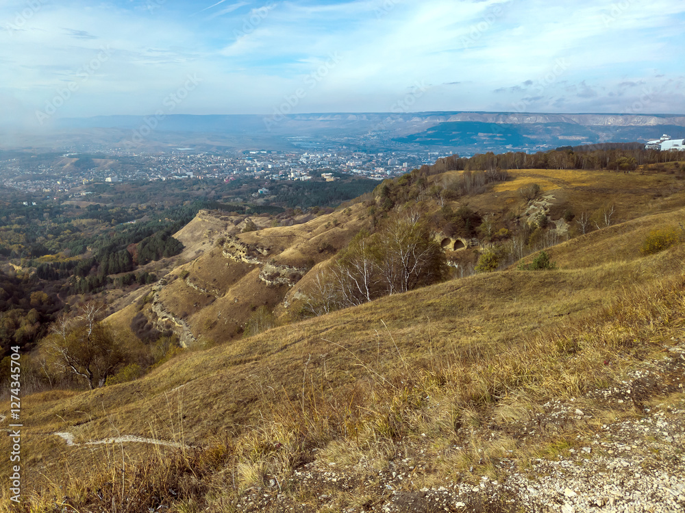 Naklejka premium View from the top of Maloe Sedlo Mountain, Kislovodsk National Park, Kislovodsk