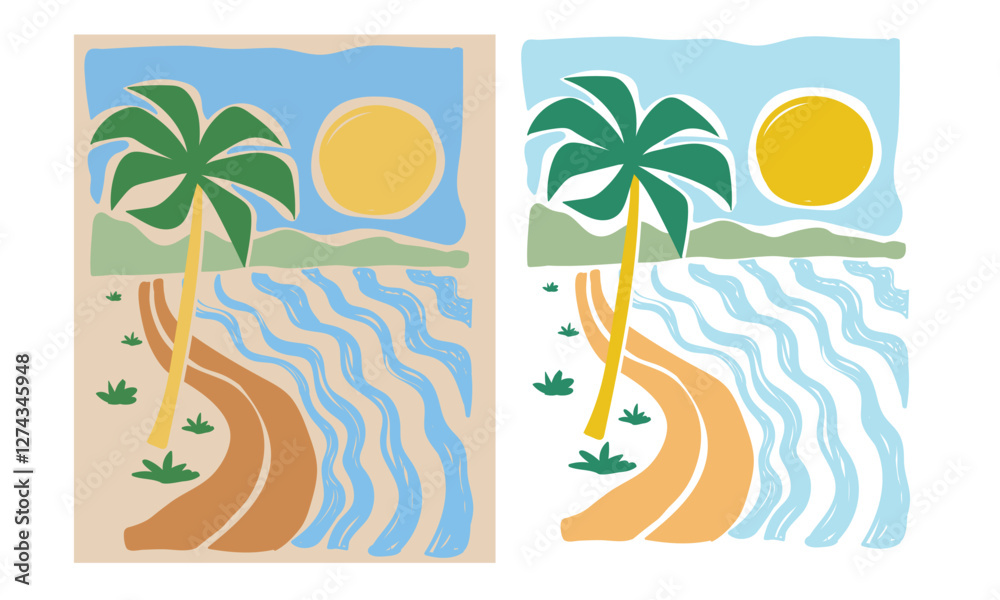 Palm beach vibes. Here come the sun. Summer vibes artwork. Sunshine paradise graphic print design. Enjoy beach life. Surf club design. Beach modern abstract art. Enjoy beach life.