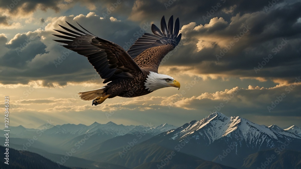 custom made wallpaper toronto digitalMajestic bald eagle soaring over snow-covered mountain peaks, showcasing natural beauty and freedom under a vibrant and dramatic sky.