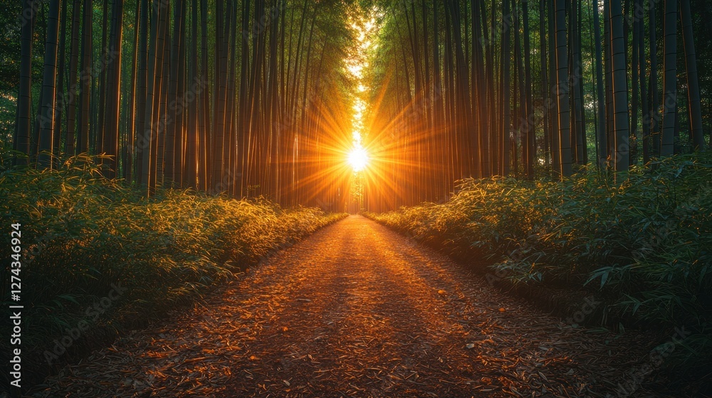 Naklejka premium Sun rays bursting through a bamboo forest path at sunset.