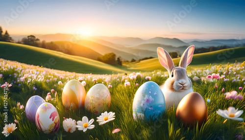A serene Easter scene unfolds with a charming bunny nestled among colorful eggs in a sunlit meadow. capturing the joy and warmth of the holiday.