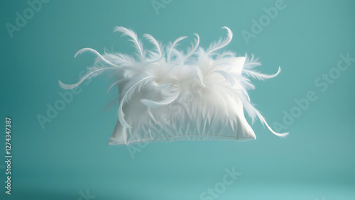 Feather floating in mid-air on a teal background, symbolizing lightness, freedom, and peaceful moments of tranquility in a calm and minimalist design. photo