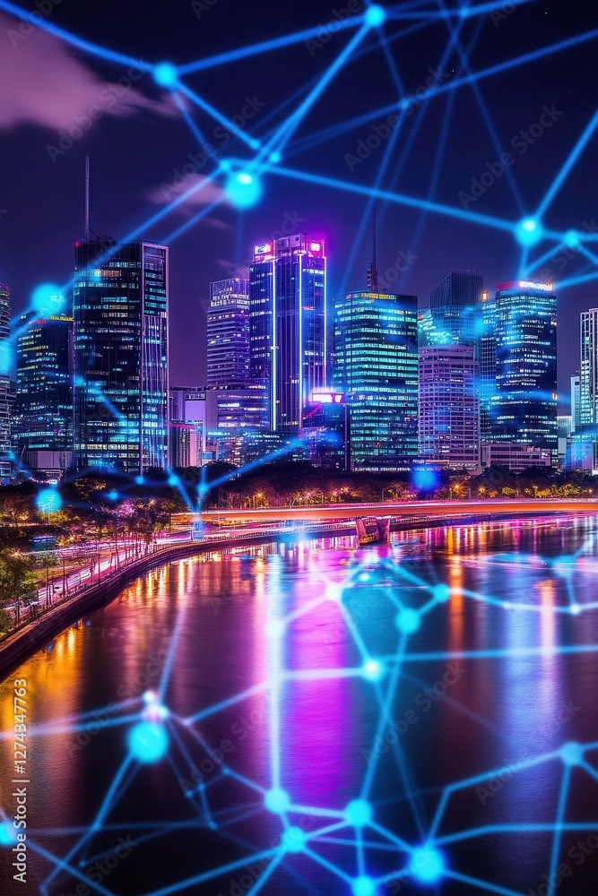 Obraz premium City skyline at night with digital network connections, showcasing technology and urban innovation in a vibrant metropolis.
