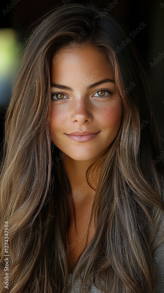 Captivating portrait of a young woman with long, flowing hair and charming expression taken in a softly lit indoor space Captivating portrait of a young woman with long, flowing hair and charming expression taken in a softly lit indoor space