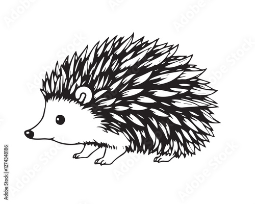 Line art illustration, black and white, simple background, easily colorable. Adorable hedgehog with charming features, volumetric lighting, light beams through dust or fog, Vector.