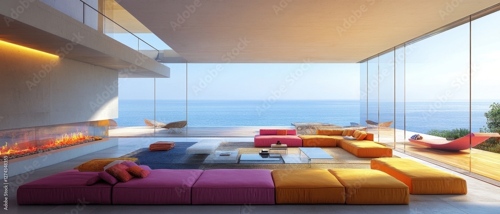 Fototapeta premium Luxurious seaside villa interior with vibrant modular seating and a stunning ocean view creating a serene and modern living space