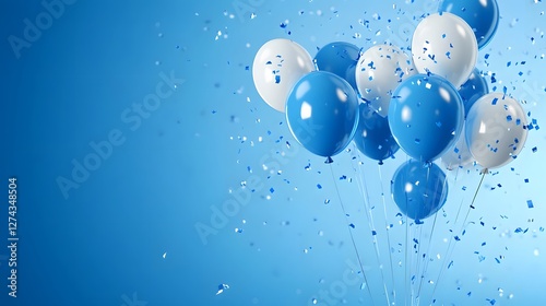 blue birthday background with balloons in the air, featuring a blue balloon on the left