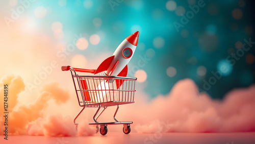 Shopping cart with a rocket symbolizing rapid growth, business expansion, or startup success in the market photo