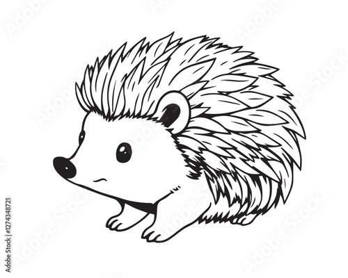 Line art illustration, black and white, simple background, easily colorable. Adorable hedgehog with charming features, volumetric lighting, light beams through dust or fog, Vector.