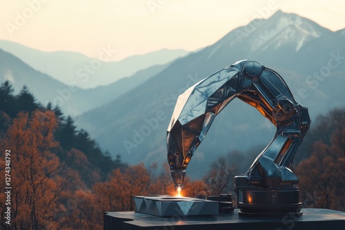 A futuristic robotic arm performs precision welding against a serene mountain backdrop at sunset. photo