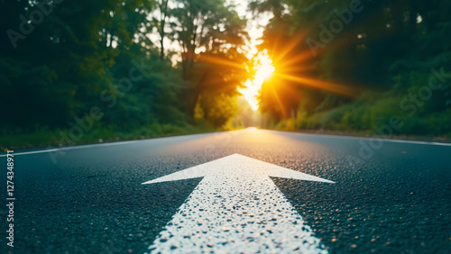 Road leading toward the horizon with bright sunrise representing new beginnings, opportunities, and journey towards the future or success photo