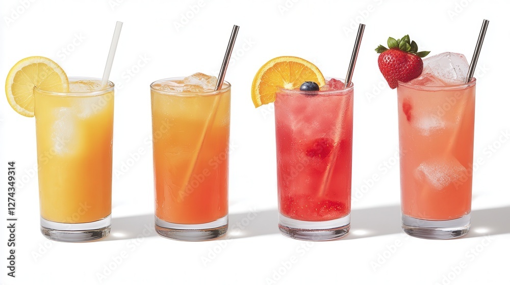 Colorful summer cocktails in glasses with ice, fresh fruit garnishes, and straws for vibrant party drink concepts and refreshing beverage ideas. Colorful summer cocktails in glasses with ice, fresh fruit garnishes, and straws for vibrant party drink concepts and refreshing beverage ideas.