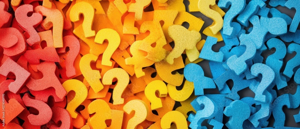 Colorful Question Marks in Red Yellow and Blue Hues Symbolizing Inquiry Curiosity and Uncertainty in a Vibrant and Playful Composition Colorful Question Marks in Red Yellow and Blue Hues Symbolizing Inquiry Curiosity and Uncertainty in a Vibrant and Playful Composition