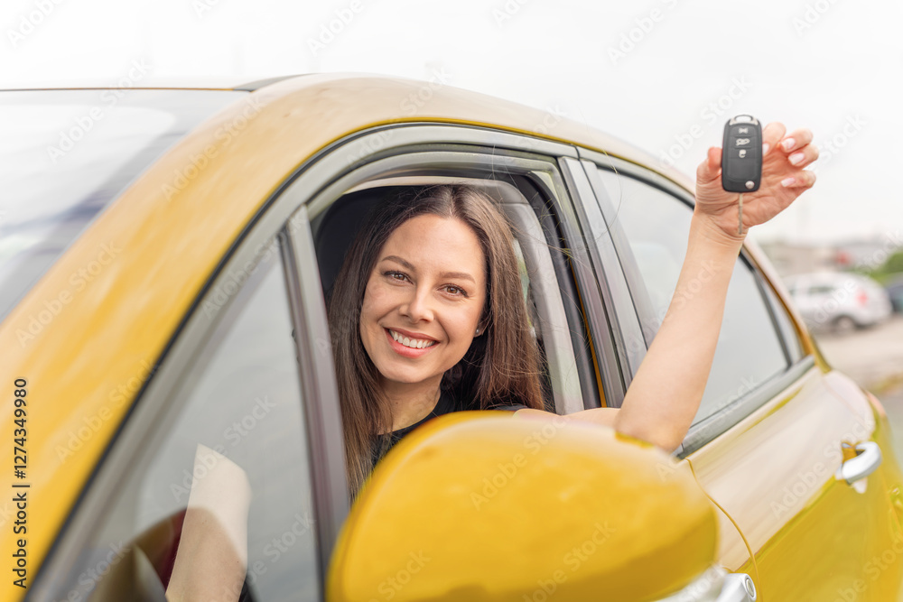 A young woman with long brown hair and a bright smile sits in the drivers seat of a yellow car, happily holding up a set of car keys through the open window.