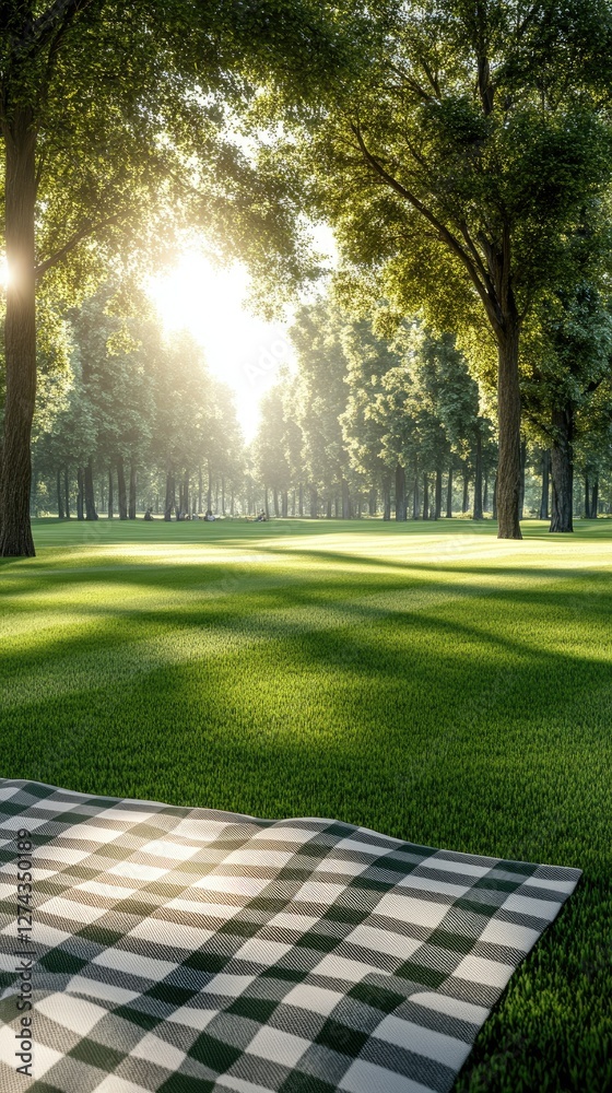 Fototapeta premium Sunlight filters through tall trees onto a peaceful grassy area with a checkered picnic blanket laid out in a serene park setting during the golden hour