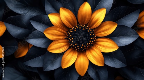 Vibrant sunflower blooming amidst dark leaves, showcasing nature's beauty in a serene backdrop