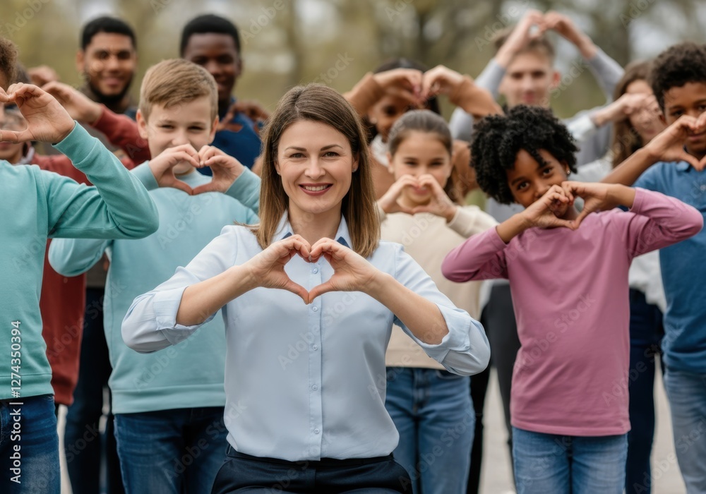 Diverse group making heart shapes outdoors Diverse group making heart shapes outdoors