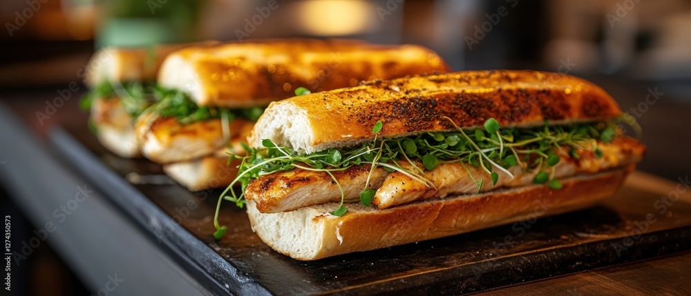 Delicious grilled chicken sandwiches with fresh sprouts on a rustic wooden board in warm light food photography