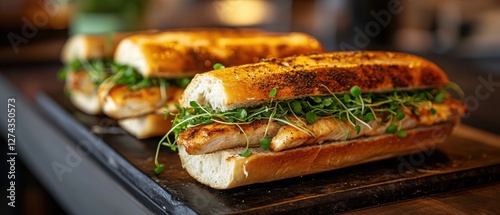 Obraz na płótnie Delicious grilled chicken sandwiches with fresh sprouts on a rustic wooden board in warm light food photography w salonie