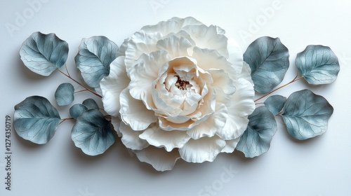 Elegant white flower centerpiece with blue-green leaves on a smooth surface, ideal for decor