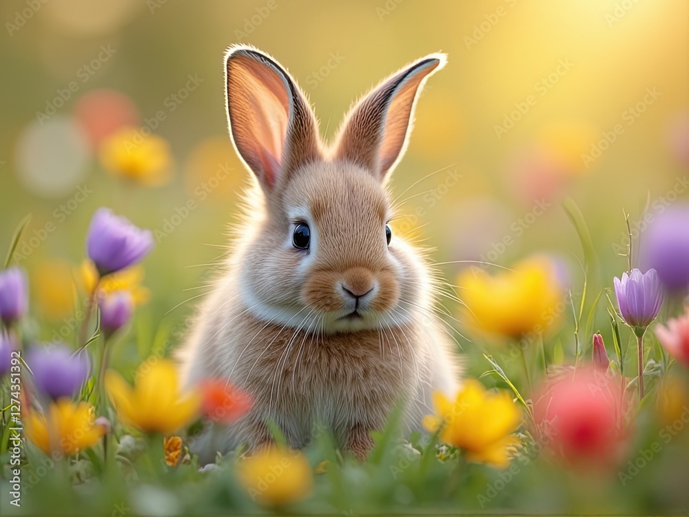 Fototapeta premium Cute Rabbit in a Colorful Flower Meadow