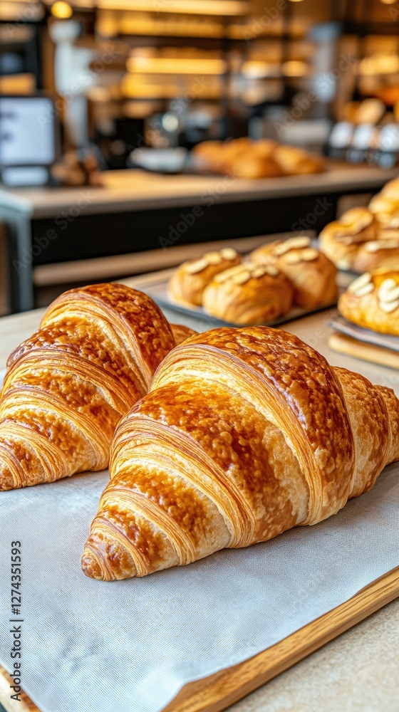 Freshly baked croissants displayed at a bakery counter, showcasing their golden crust and flaky texture during a busy morning rush Freshly baked croissants displayed at a bakery counter, showcasing their golden crust and flaky texture during a busy morning rush