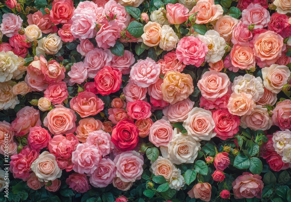 Vibrant Display of Various Roses in Shades of Pink, Red, and Cream Against a Lush Green Background for Floral Decoration and Aesthetic Inspiration Vibrant Display of Various Roses in Shades of Pink, Red, and Cream Against a Lush Green Background for Floral Decoration and Aesthetic Inspiration