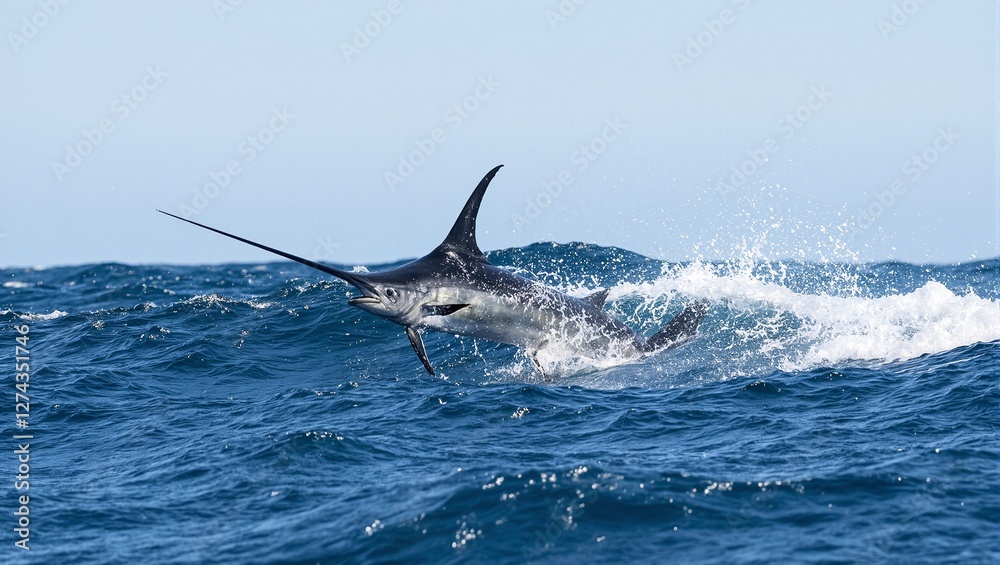Fototapeta premium Swordfish slicing through ocean waves with bill aimed forward