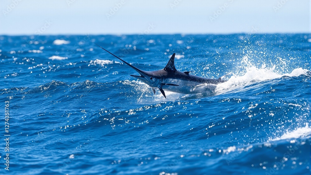 Fototapeta premium Swordfish slicing through ocean waves with bill aimed forward
