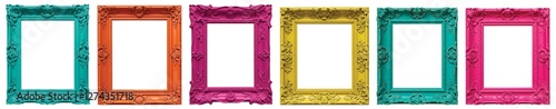 The image shows six ornate, empty picture frames arranged in a row, isolated on transparent background, PNG file, perfect for graphic design.