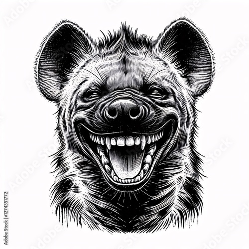 Laughing hyena with a mischievous grin. Black and white image