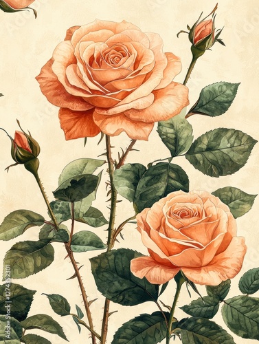 Beautifully detailed illustration of peach roses with green leaves on a soft beige background