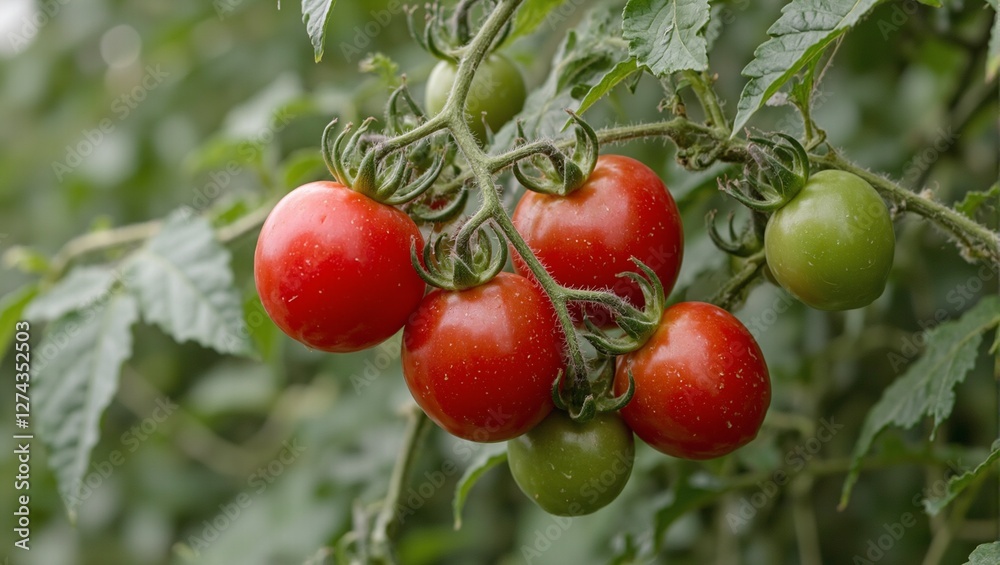 Vibrant cherry tomatoes on the vine in a luscious garden setting Vibrant cherry tomatoes on the vine in a luscious garden setting