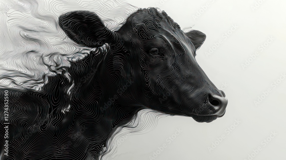 Black cow head with swirling abstract patterns on a light background, evoking a sense of movement Black cow head with swirling abstract patterns on a light background, evoking a sense of movement
