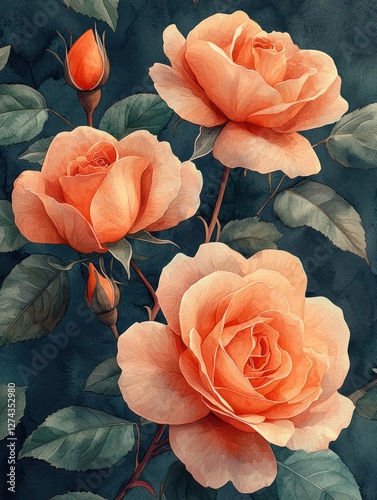 Beautiful arrangement of peach roses with green leaves against a dark background, showcasing nature's elegance