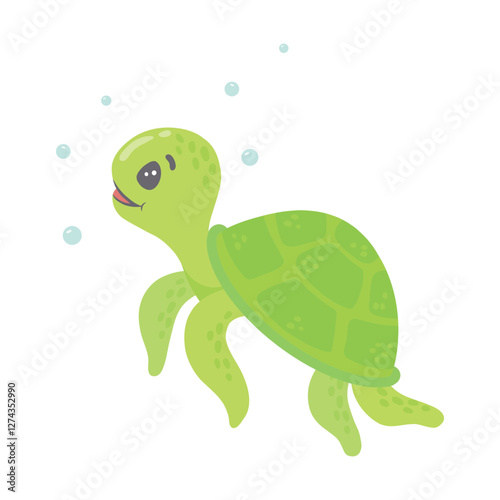 Green sea turtle in cartoon style, digital art illustration. Vector illustration of a cute green sea turtle swimming underwater.